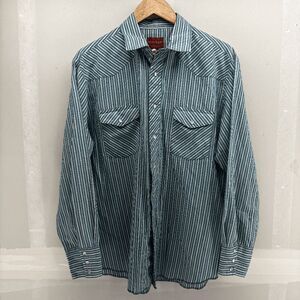 Vintage Rustler Shirt Mens L Green White Striped Western Pearl Snap X-Long Tails